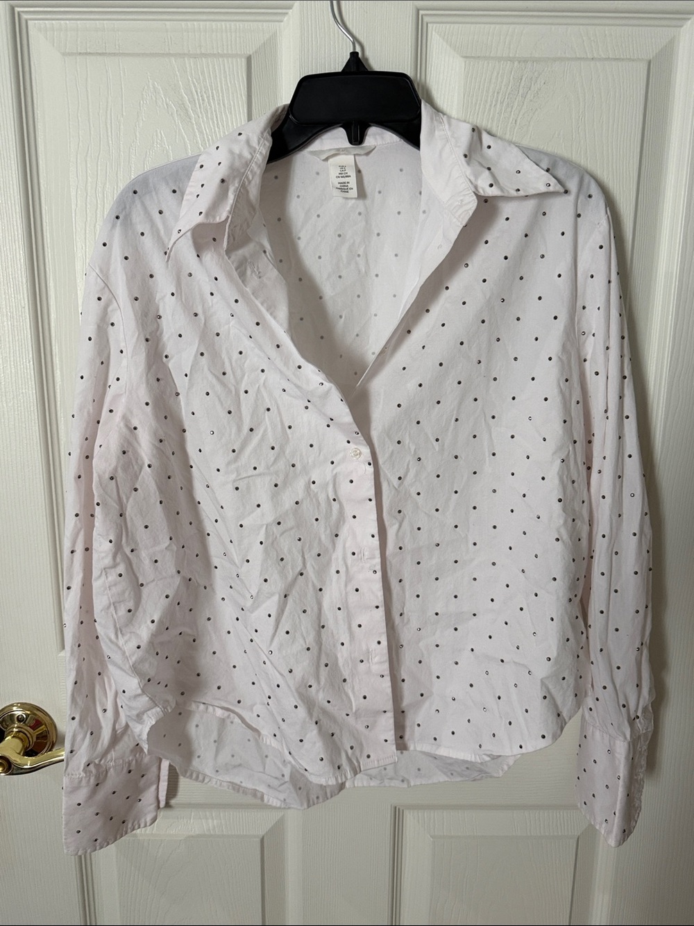 H&M White Button-Down Shirt with Black rhinestones small oversized.